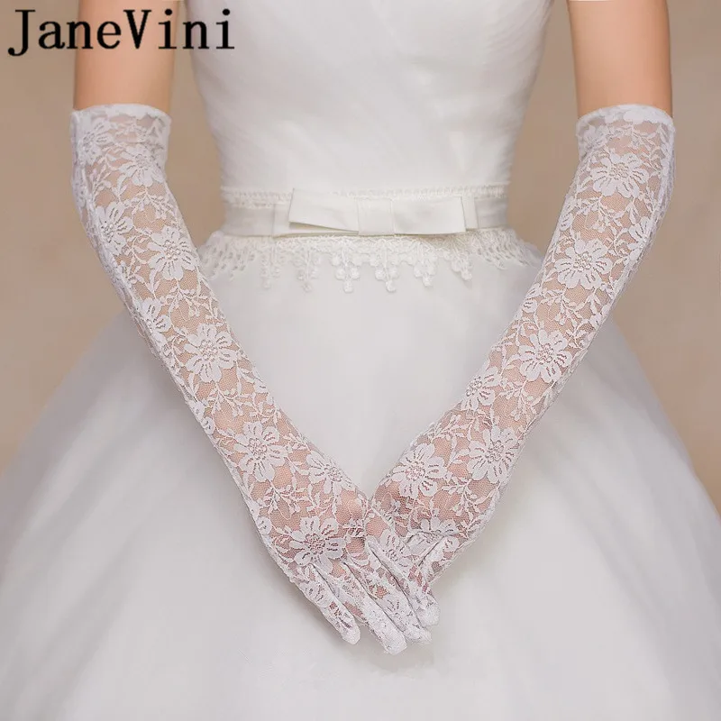 JaneVini белое, цвета слоновой кости кружево Длинные перчатки для невесты до локтя свадебное платье перчатки женские вечерние аксессуары