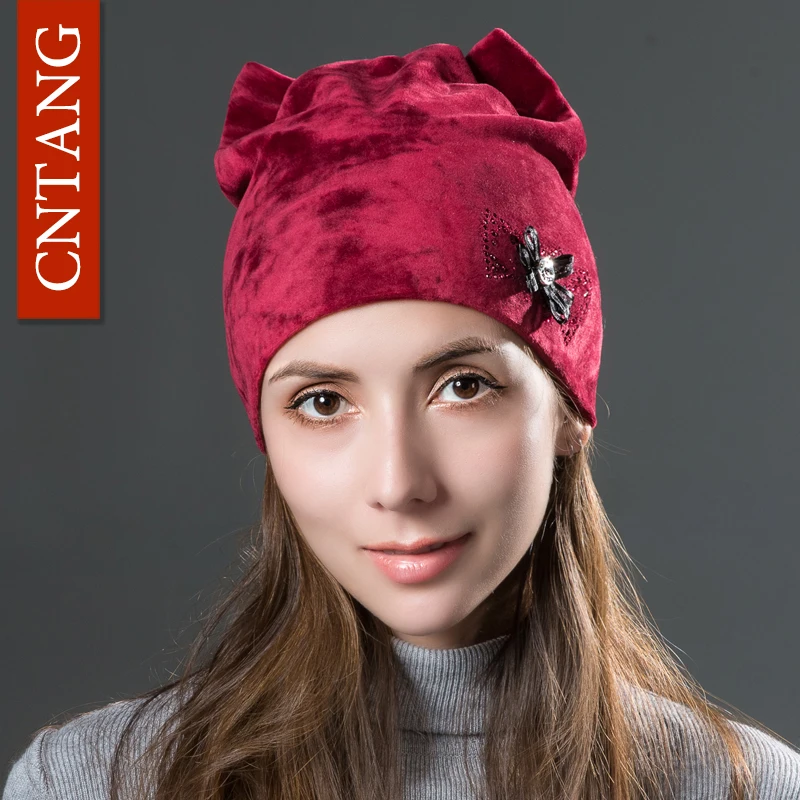 CNTANG Cute Cat Ears With Flower Caps Winter Warm Women Hats Flannel Autumn Beanies Fashion Girls Hat Velvet Skullies For Female 3