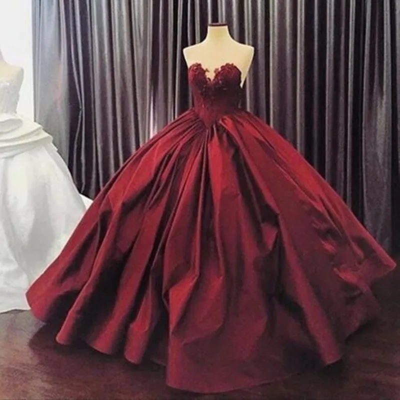 

Real Picture Burgundy Wedding Formal Dresses Amazing Ball Gown 2019 Sweetheart Strapless Appliques Pleated Satin Robe De Mariee