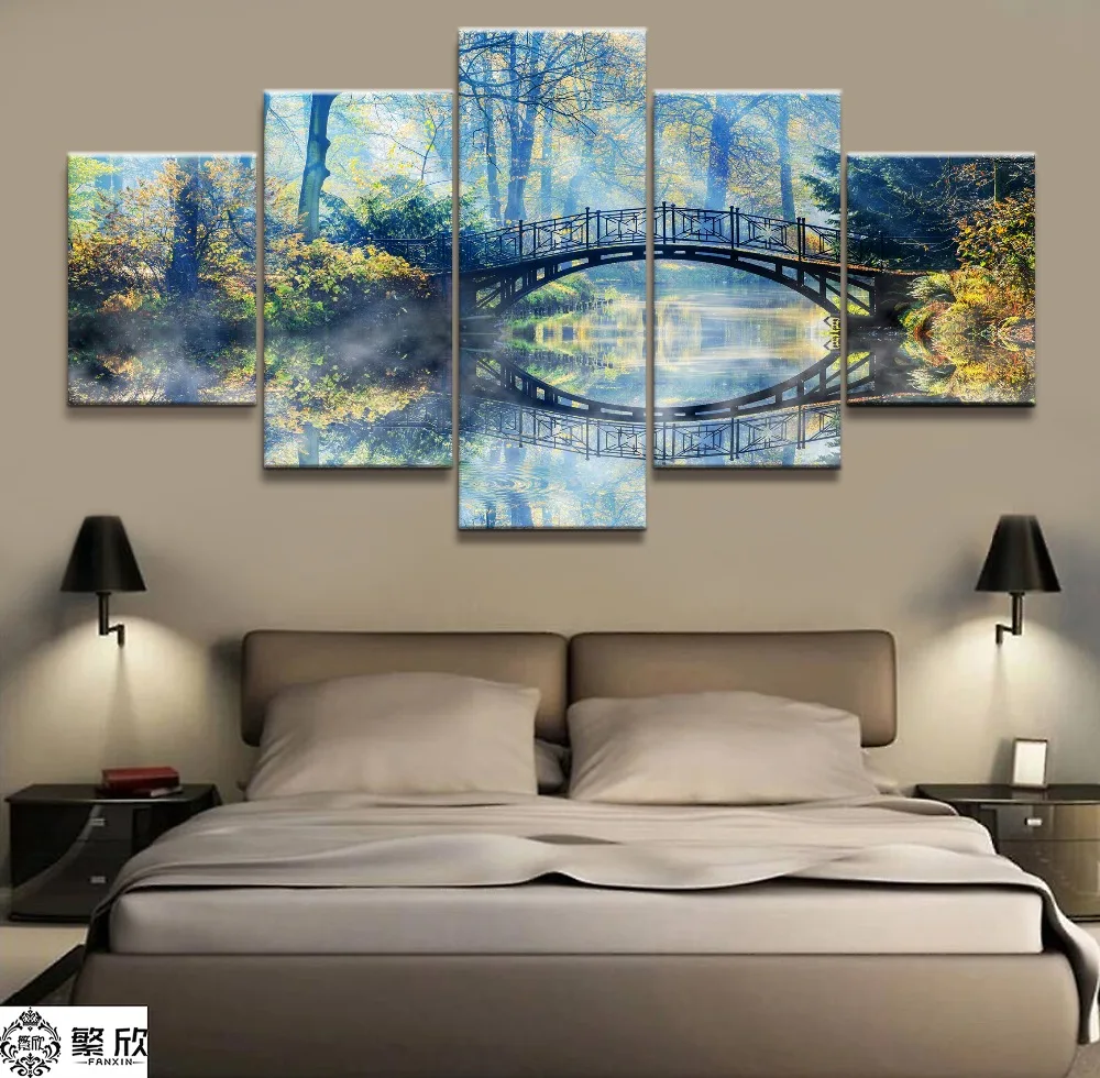 

Home Decor Modular Canvas Picture 5 Piece Small Bridge on Lake Scenery Painting Poster Wall For Home Canvas Painting Wholesale