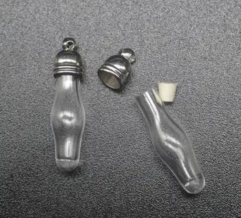

100pcs 28x7mm wholesale vase shape glass bottle Vial Pendant with metal cap with rubber plug glass locket perfume oil pendant