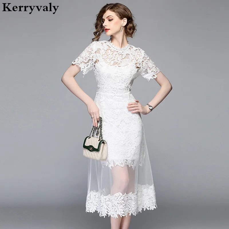 

Summer Clothes for Women Water Soluble Flower Lace Dress Vestidos Mujer 2019 Gauze White Midi Dress Robe Femme K3285