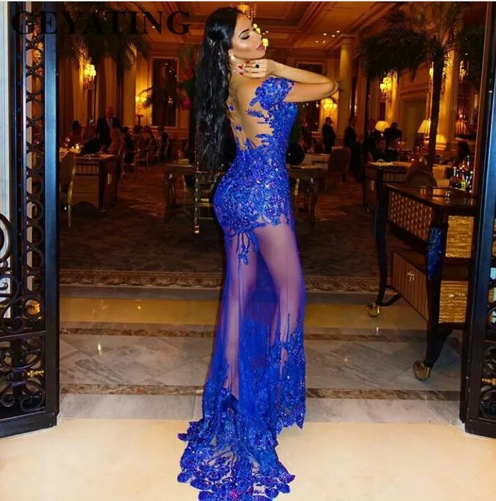 Королевские синие кружевные африканские платья для выпускного вечера для женщин, сексуальные длинные вечерние платья, иллюзионное просвечивающее вечернее платье