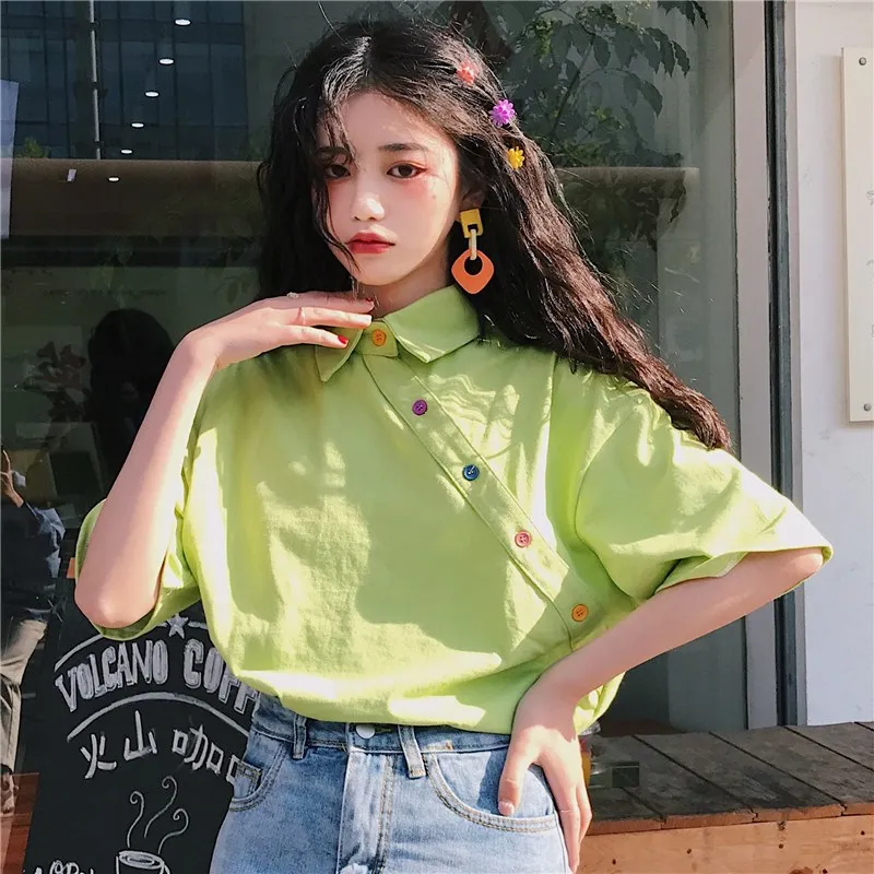 

Summer Women M-2XL Kawaii Tees Female Rainbow Colorful Diagonal Buttons Short Sleeves T-shirts Loose Fashion Tees