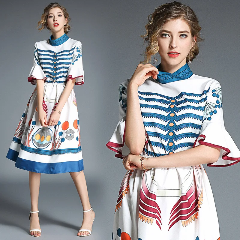 Retro Flower Print Midi Summer Dress Vestidos Playa Verano 2018 Women Party Kawaii Dress Vestidos Casuales De Mujer