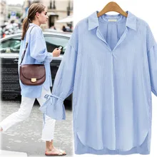 Fashion Women’s Cotton Thin Striped Full Flare Sleeve Turn Down Collar Loose Casual Shirt