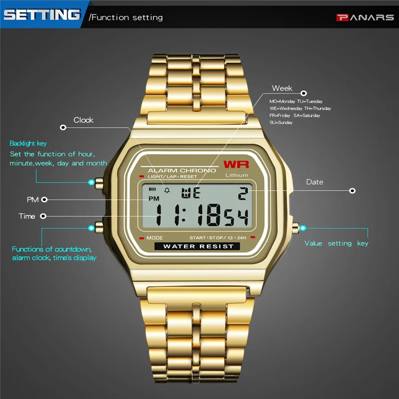 DISU Women Men Wristwatch LED Digital Waterproof Quartz Dress Golden sport watch relogio digital esportivo sports watches