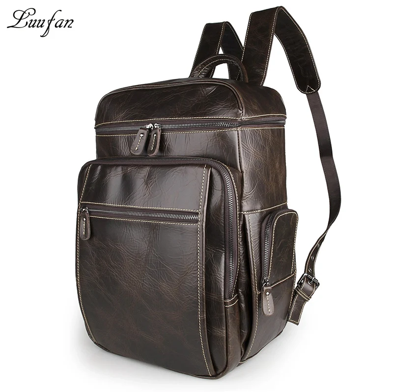 Men's genuine leather backpack 16" Laptop Brown cow leather travel bag