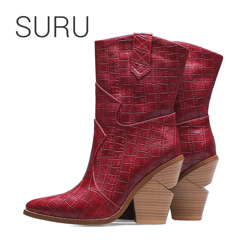 

SURU 4" Wedges Heel Western Boots Women ankle Boots plus large size 34-44
