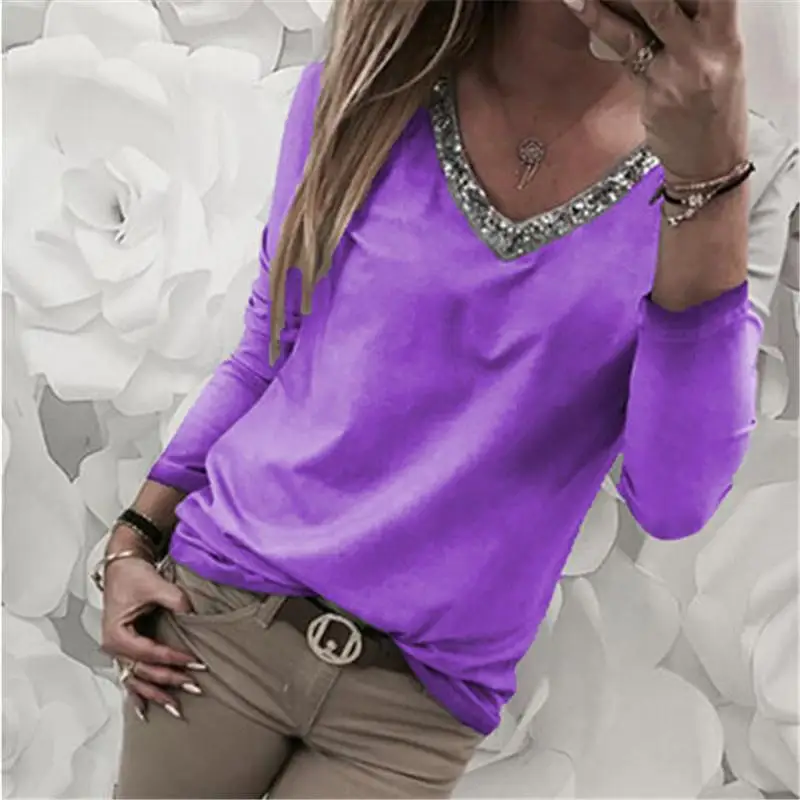 Женская офисная блуза, Сексуальная футболка с v-образным вырезом и блестками, женские облегающие Топы с длинным рукавом, Базовая футболка размера плюс S-5xl SJ1709X - Цвет: Фиолетовый