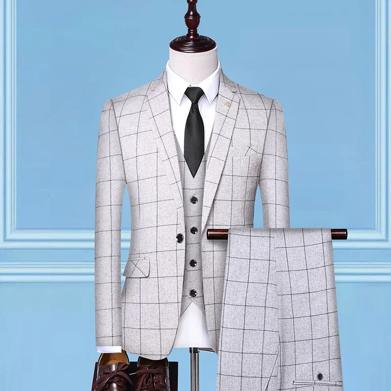 Мужской костюм весна-осень новый клетчатый тонкий мужской костюм (куртка + брюки + жилет) мужской деловой банкетный костюм