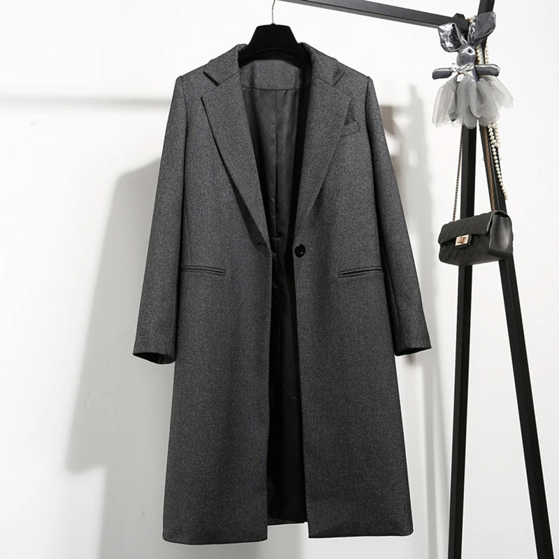 Большой размер женский миниатюрный костюм куртка Женский Длинный секционный весенний и осенний OL женский темперамент, тонкий черный костюм