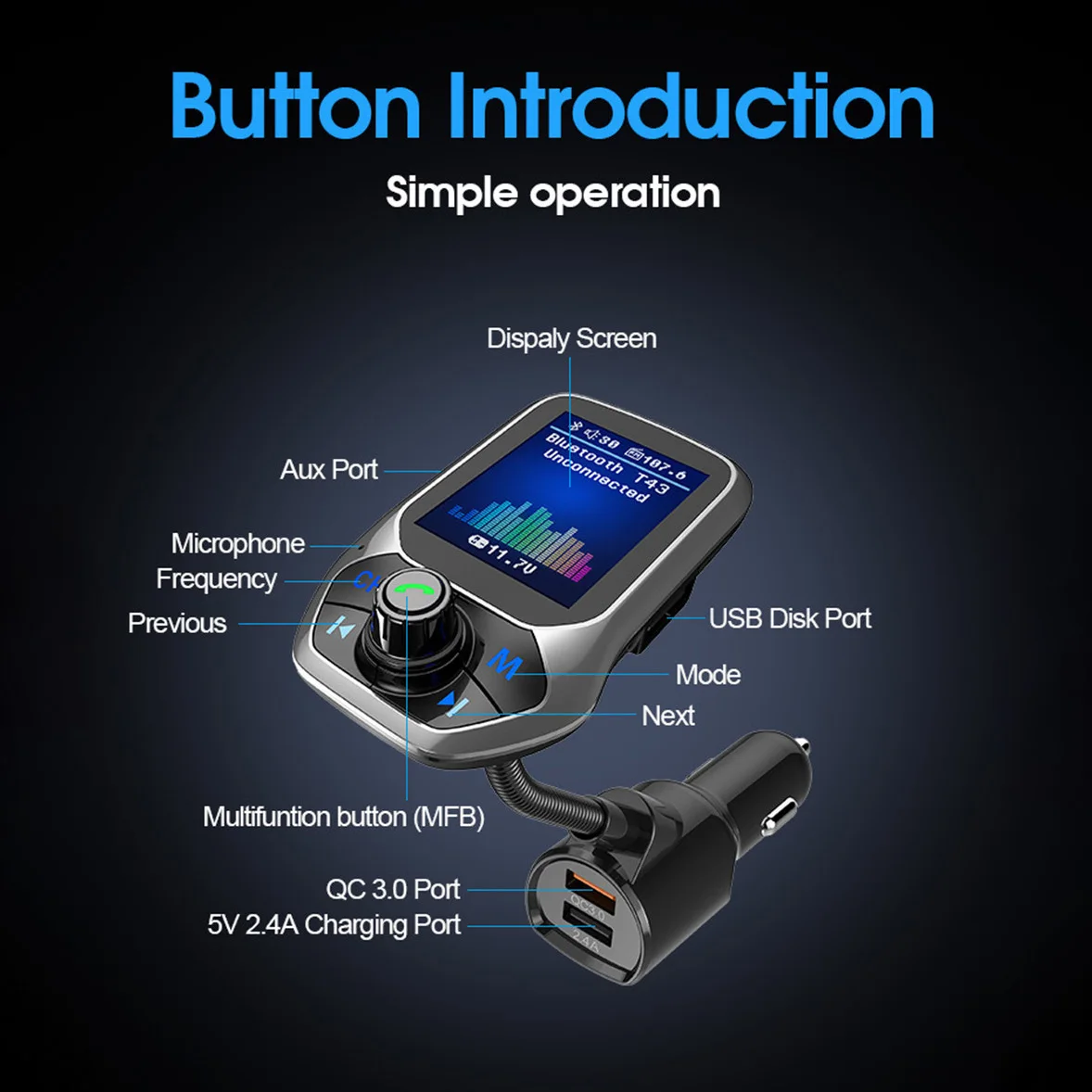 T43 Автомобильный Bluetooth MP3-плеер громкой связи type-C зарядное устройство fm-передатчик Strik