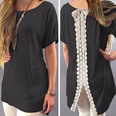 

Hot Summer Ladies Womens Plain Short Sleeve Lace Loose Shirt Tee Vest Tops Blouse