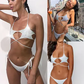 

2Pcs Diamond Women Bandage Swimwear Star Crystal Sexy Rhinestone Shiny Beachwear Holiday Suit