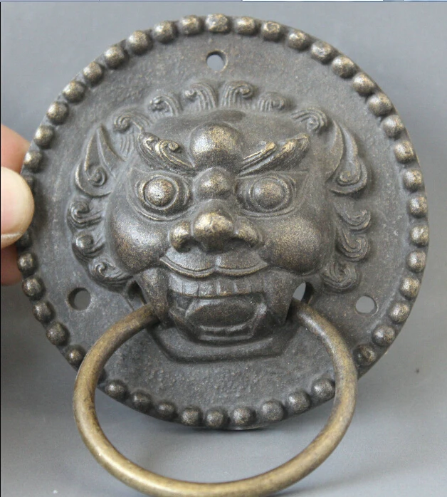 

China Chinese Bronze Feng Shui Folk lion Beast Head mask Door knocker Pair