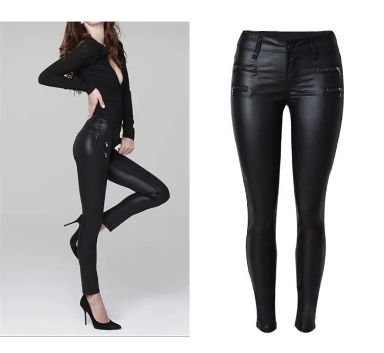 European and American women's hot style low waist slim foot PU leather trousers double zipper (3)