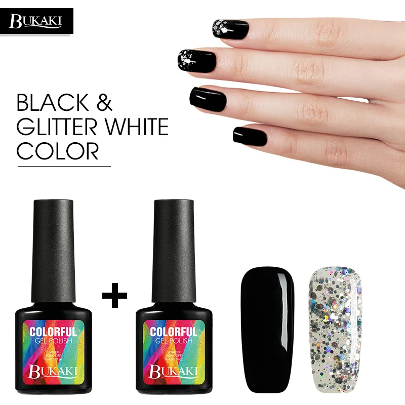 

BUKAKI 2pcs Nail Art Set Black+Super Glitter White Sequins Color Nail Polish Hybrid Varnishes UV LED Gel Lacquer French Gel Kits