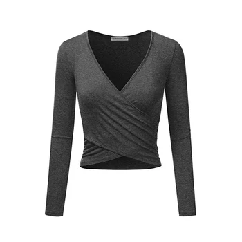 

Women Elegant office ladies Solid Crossed Front Blouse Deep V neck Full sleeve Basic Cropped Blouses shirt Spring Women Tops