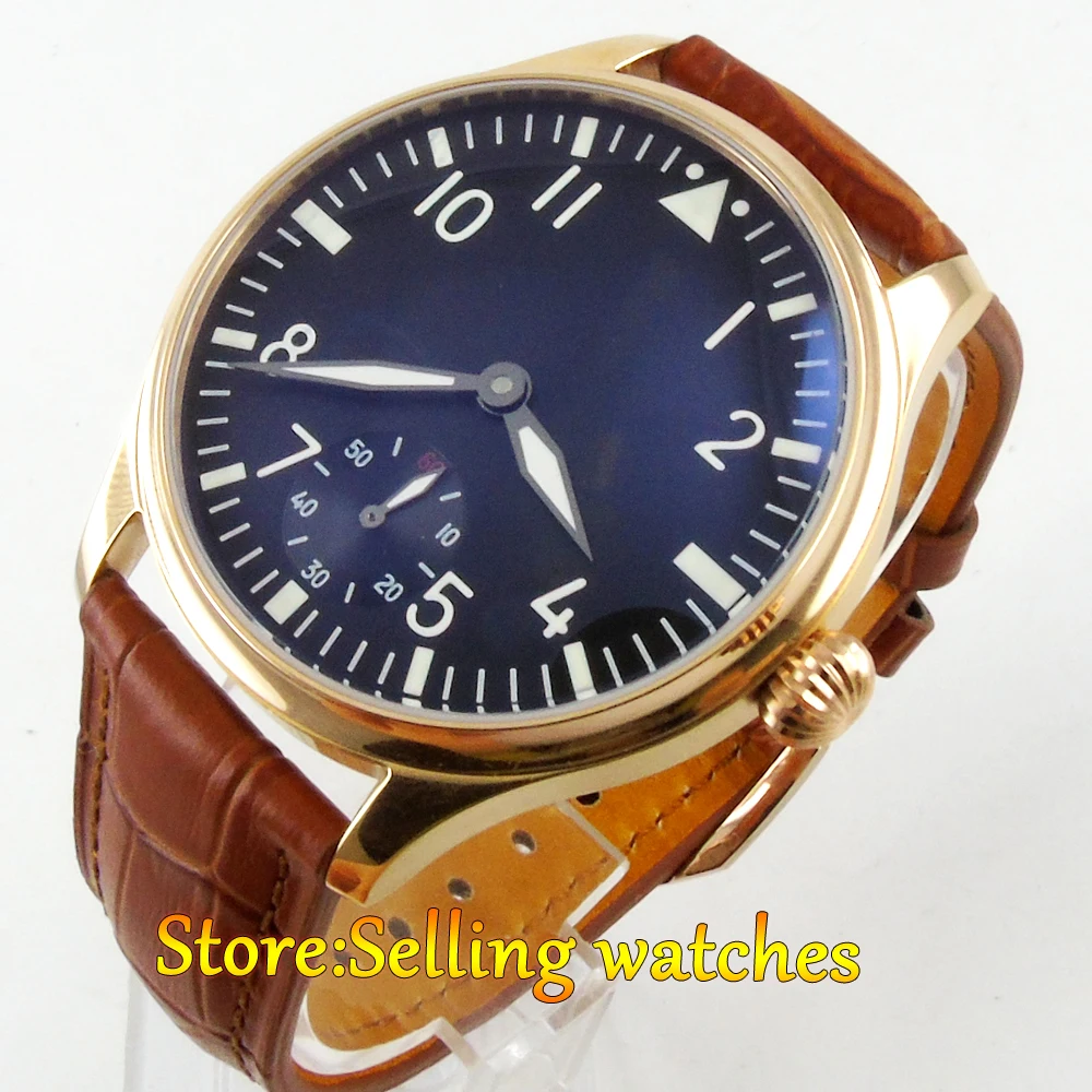

44mm parnis black dial luminous 6498 hand winding movement mens wristwatch