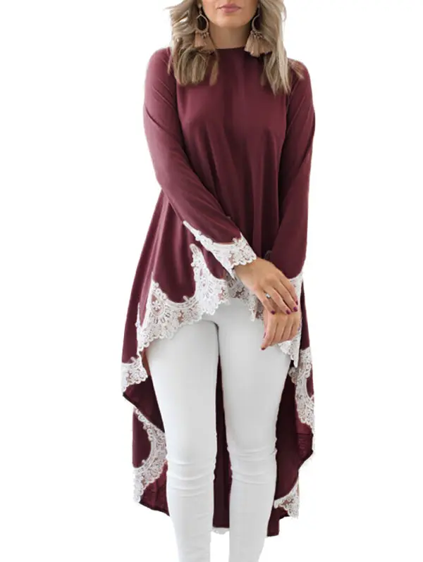 VESTLINDA Lace Insert Long Sleeve Blouse High Low Hem Loose Long Blusas Feminina Autumn Casual Clothes Womens Tops and Blouses 4