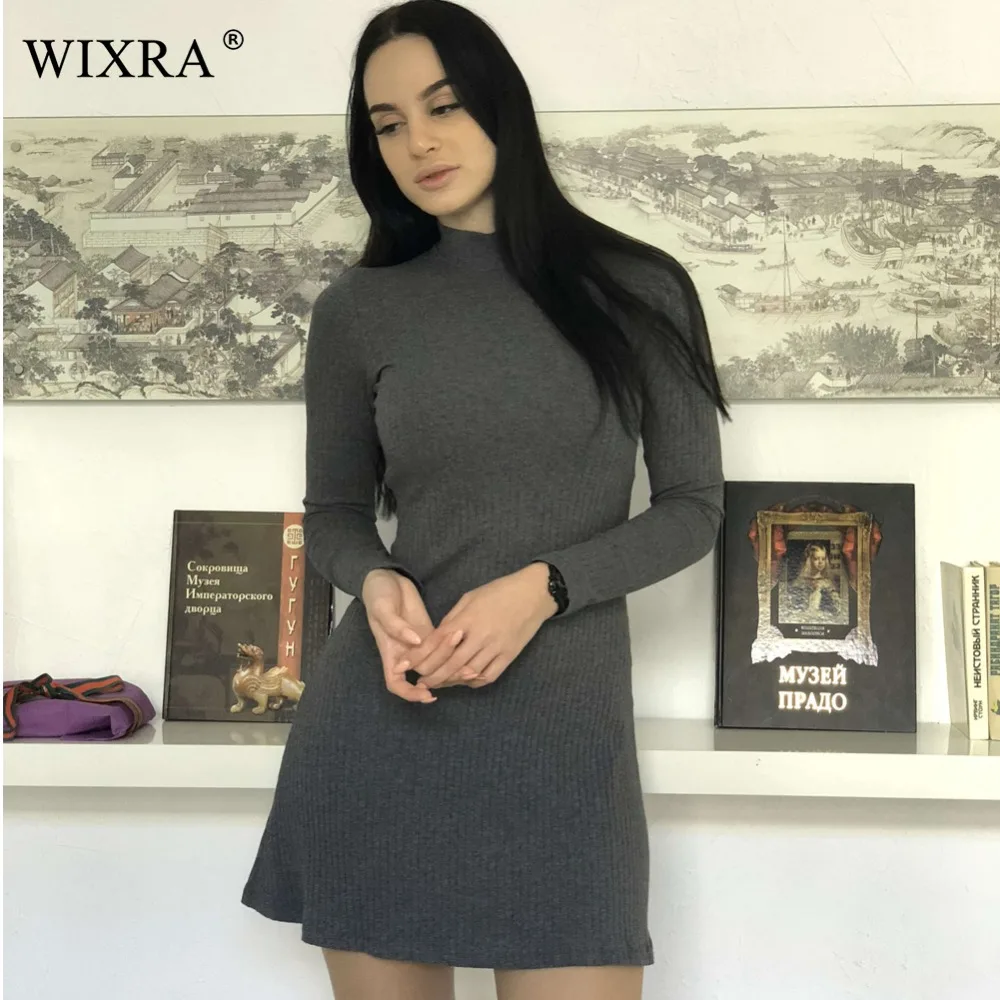

WIXRA Basic Turtleneck Dress 2018 Spring New Women Long Sleeve A Line High Neck Solid Cotton Rib Dress Casual Umbrella Dresses