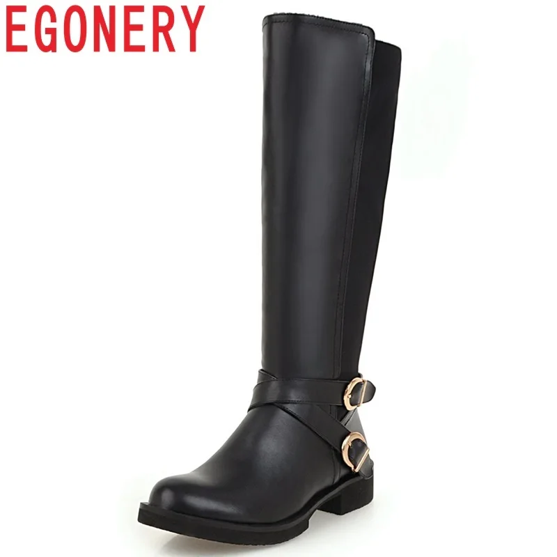 

EGONERY size 33-43 2018 winter newest concise casual round toe low square heel platform zipper black and white knee high boots
