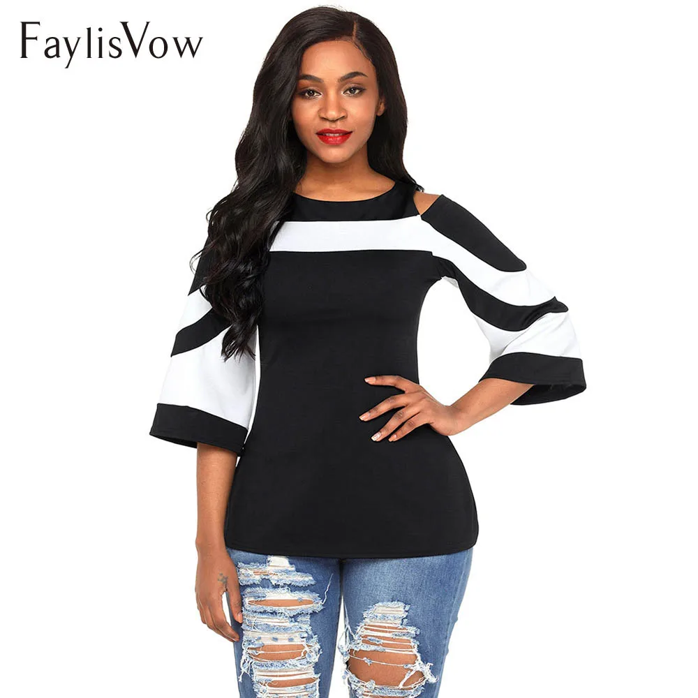 Bell Sleeve Women's Summer Blouse Cold Shoulder Colorblock Black White