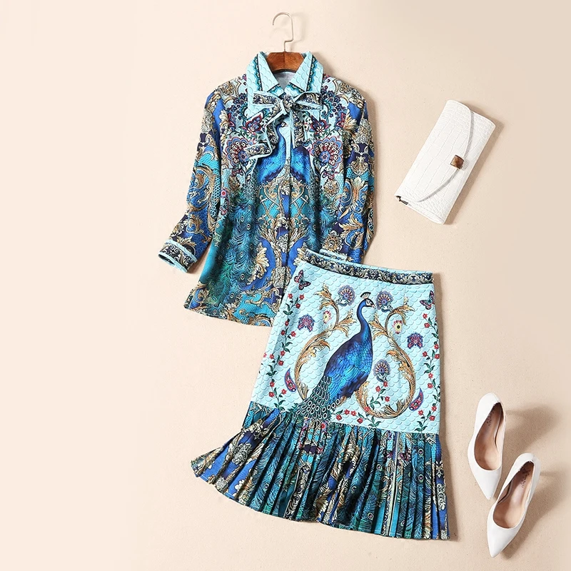 

New Spring Summer Europe And United States Printing Turn-down Collar Blouse + Pleated Package Hip Knee-length Fishtail Skirt Set