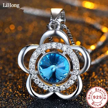 

High Jewelry 925 Sterling Silver Necklace Blue Crystal Zircon Flower Pendant Necklace Woman Glamour Jewelry Gift