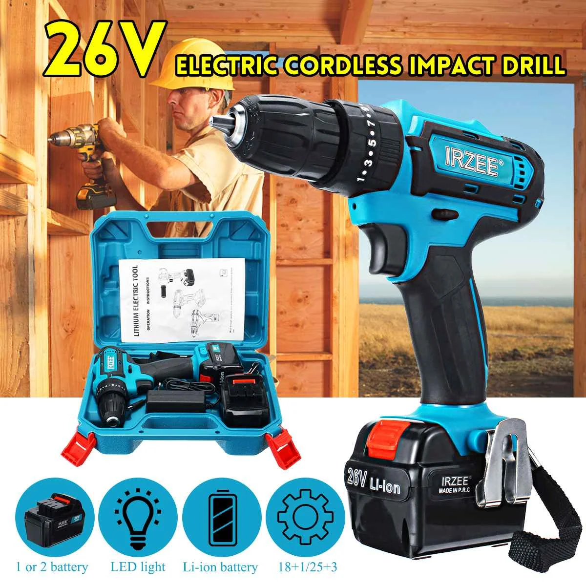 

26V 18+1/25+3 Mini Electric Screwdriver Cordless Electric Impact Drill Home Power Driver Lithium-Ion Battery 2-Speed Power Tools