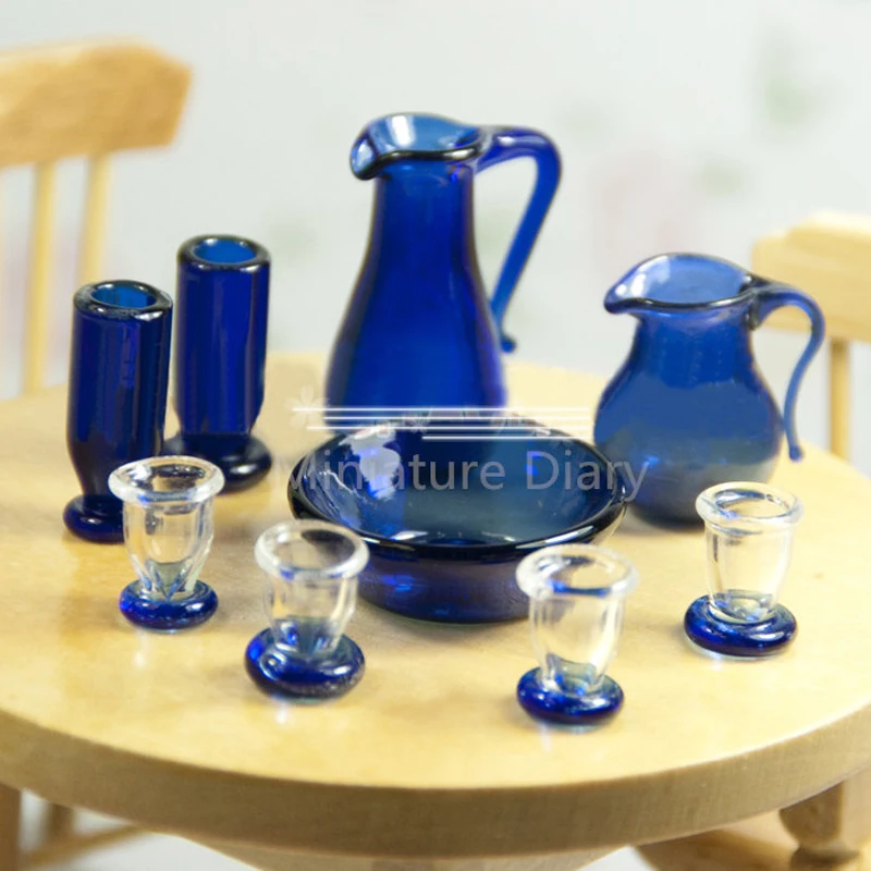 1:12 skala play puppe haus blau glas 2 topf 6 tasse 1 gericht set miniatur puppenhaus küchenmöbel zubehör spielzeug
