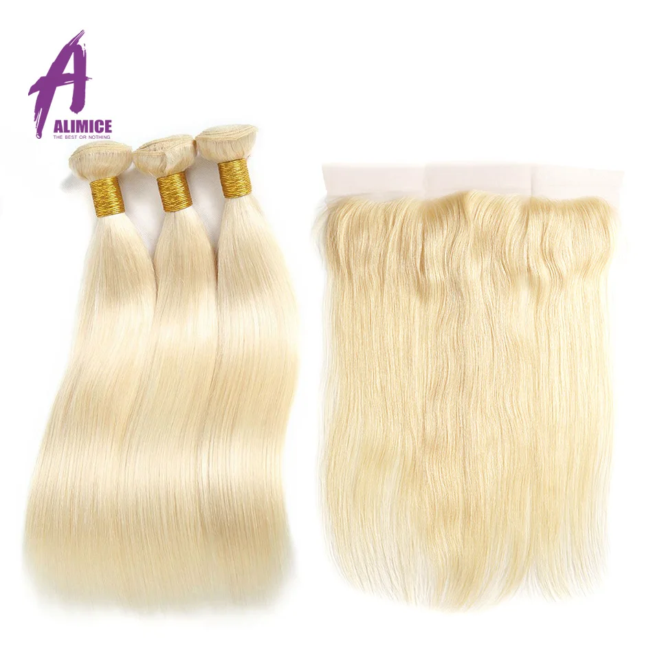 Alimice 613 Blonde Straight Brazilian Hair Weave Human Hair Bundles With Closure 3 Bundles Remy Hair With Lace Frontal Closure (13)
