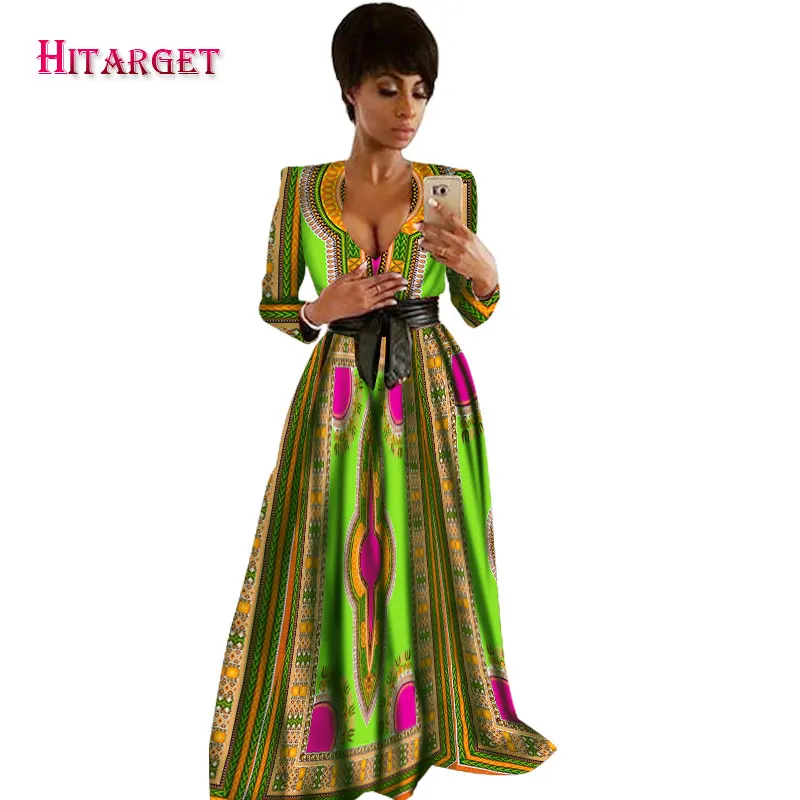 

2017 Autumn African Dresses for Women Bazin Riche Sleeveless V neck Vestidos Dresses Dashiki Kanga Ankara African Clothes WY1574