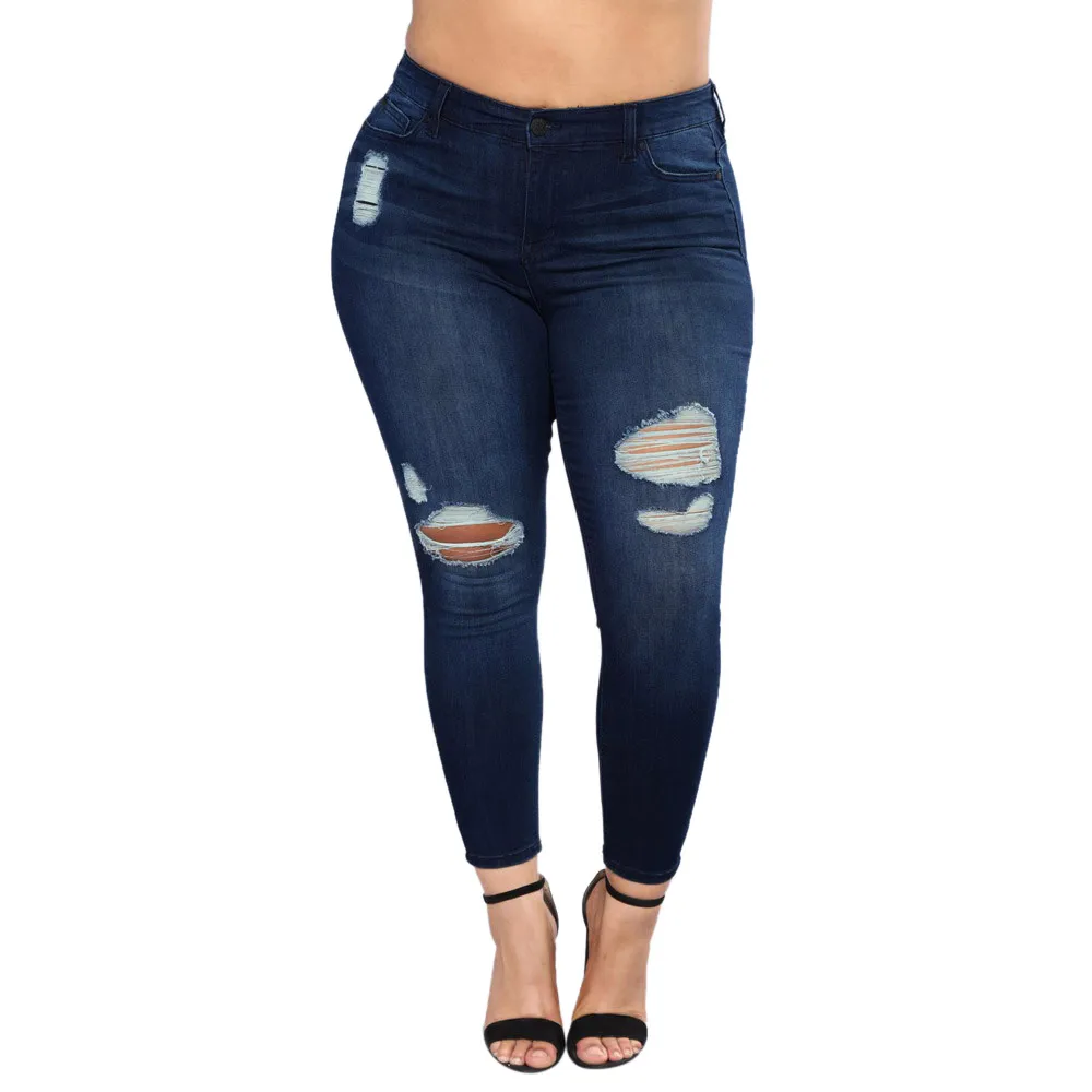 2018 Women Biggest size Plus Size Ripped Stretch Slim Denim Skinny