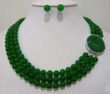 

$wholesale_jewelry_wig$ Beautiful 3 rows 8mm green necklace earrings set