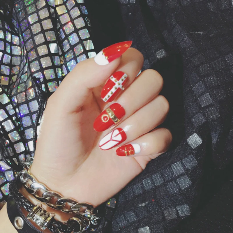 

Almond Long size fake Nails Bride wear Diy Nail Art Fashion round head press on nails 24 PCS Tips red Fake nails with glue