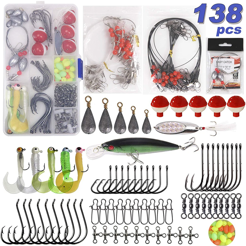 

Shaddock 138Pcs/Box Fishing Tackle Kit Including Leader Rigs Saltwater Lures Spoons Sinkers Weights Floats Hooks Swivels