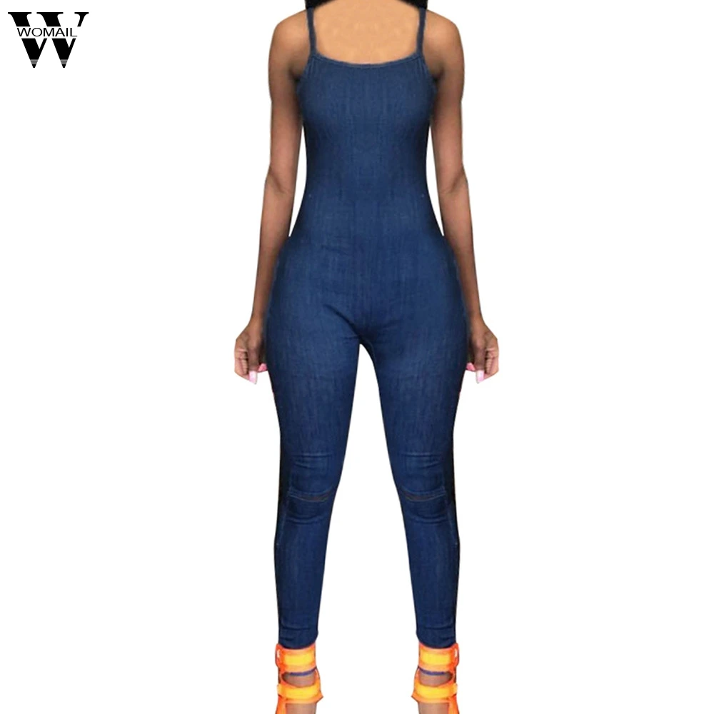 

Womail bodysuit Women Summer Fashion Sexy Solid Backless Sling Denim Indie Fork Halter Zipper Slim Jumpsuit NEW dropship M7
