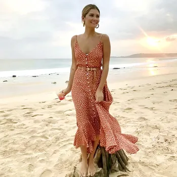 

BEFORW Summer Dress Sexy V-neck Strap Button Dress Polka Dot Boho Women Casual Female Print Beach Long Vestidos
