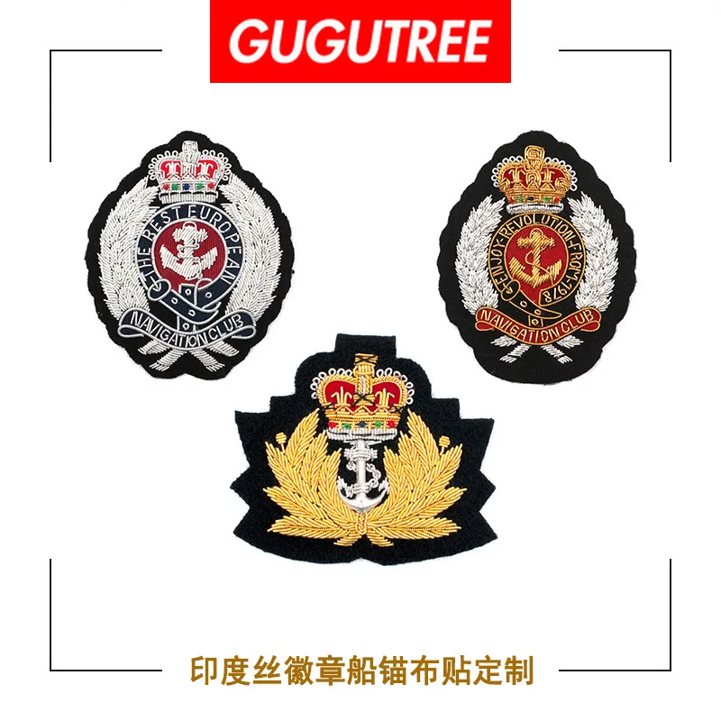 

GUGUTREE India silk embroidery rank crown ear of rice anchor letter wings patches badges applique patches for clothing DZP-72