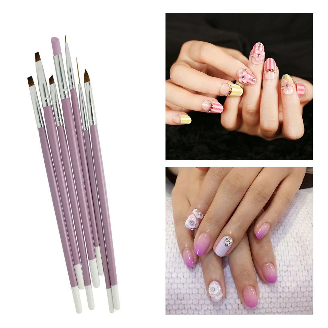 Acrylic Painting Pen 7Pcs Nail Brushes Set Pink Handle UV Gel Gradient Liner Brush Cuticle