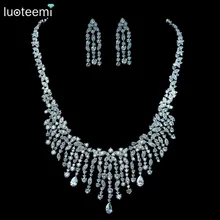 LUOTEEMI white gold Color Fashion Luxury Cubic Zirconia Tassel Choker Necklace Earrings Set Women Fine Jewelry