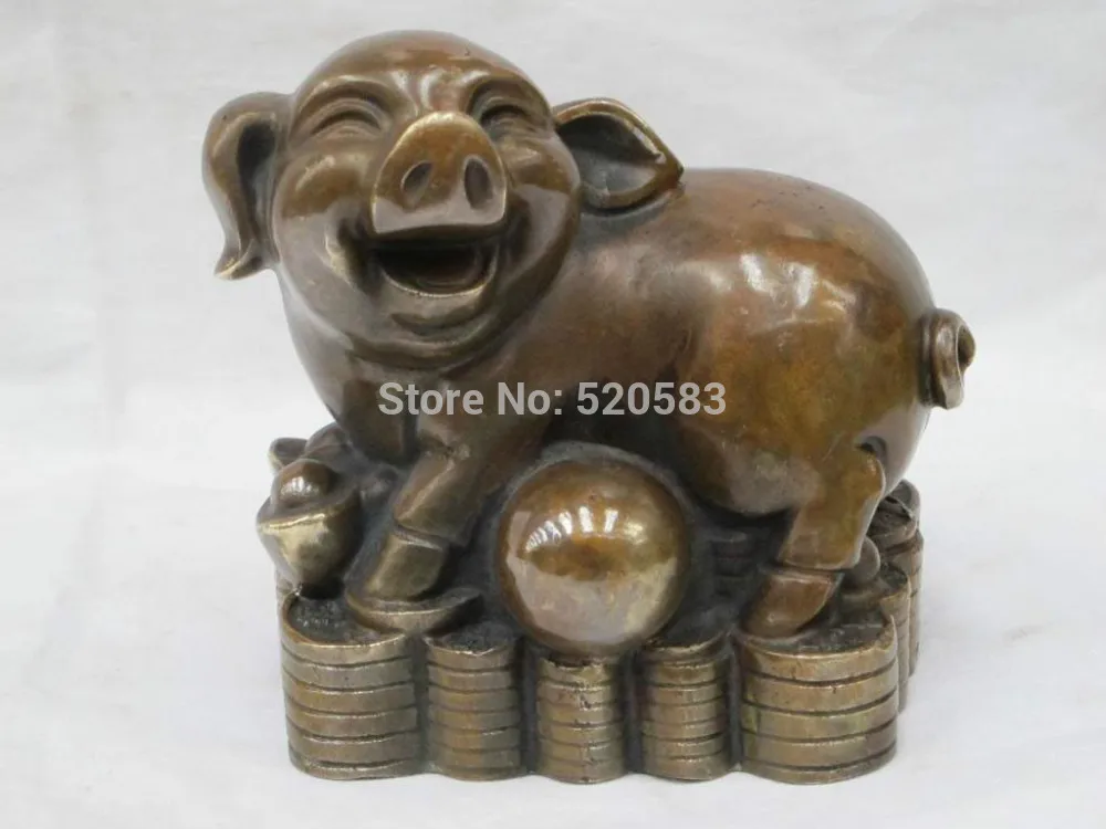 

5"Chinese Feng shui Good luckly Bronze FOO PIG stand on Money wired statue