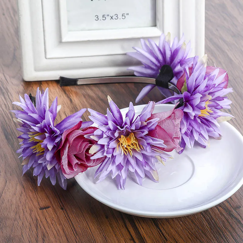Haimeikang Белый Boho женский цветок повязки для волос праздничные волосы аксессуары диадемы Романтическая Свадебная повязка на голову Гирлянда для девочек головные уборы - Цвет: Purple