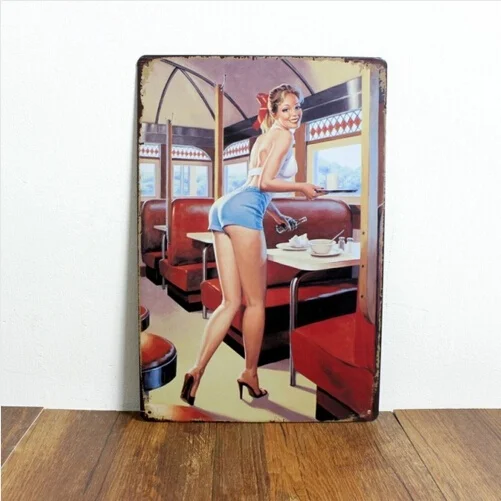 

Vintage Looking Tin Sign Pin-up Girl Waiter Tin Sign Metal Plaque Restaurant Bar Decor 20x30CM