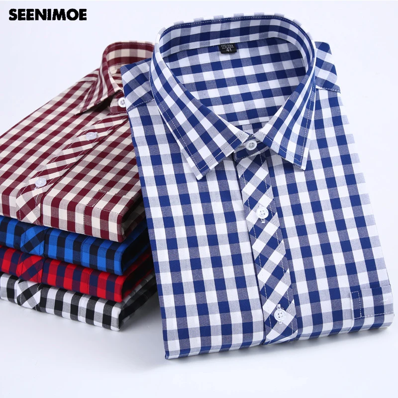 Seenimoe 100% хлопок Рубашки в клетку мужские, весенне-осенние Повседневное рубашки S-4XL Для мужчин длинный рукав Smart Повседневное рубашки Прямая