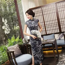 YZ Vintage Print Flower Chinese Women Dress Velvet Handmade Button Slim Cheongsam Sexy Mandarin Collar Ankle-Length Qipao
