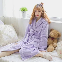 Лавандовый плюшевый халат для взрослых женщин с капюшоном пижамы зимняя Милая Ночная сорочка с оборкой банный халат халаты с шапкой и поясом