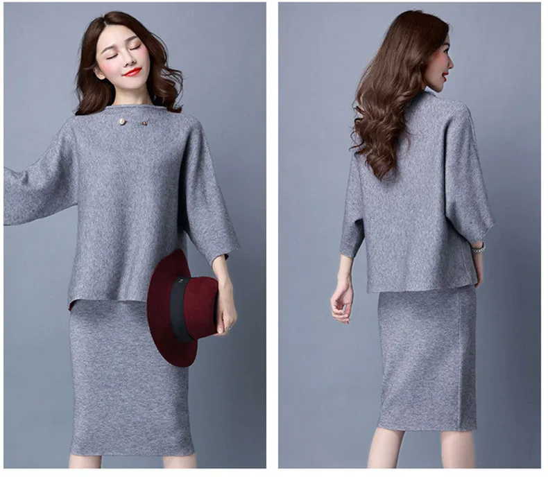 3XL комплект юбки и свитера из двух предметов женский элегантный костюм с юбкой миди юбка+ пуловер вязаный комплект из 2 предметов Женский комплект с юбкой большого размера - Цвет: Gray